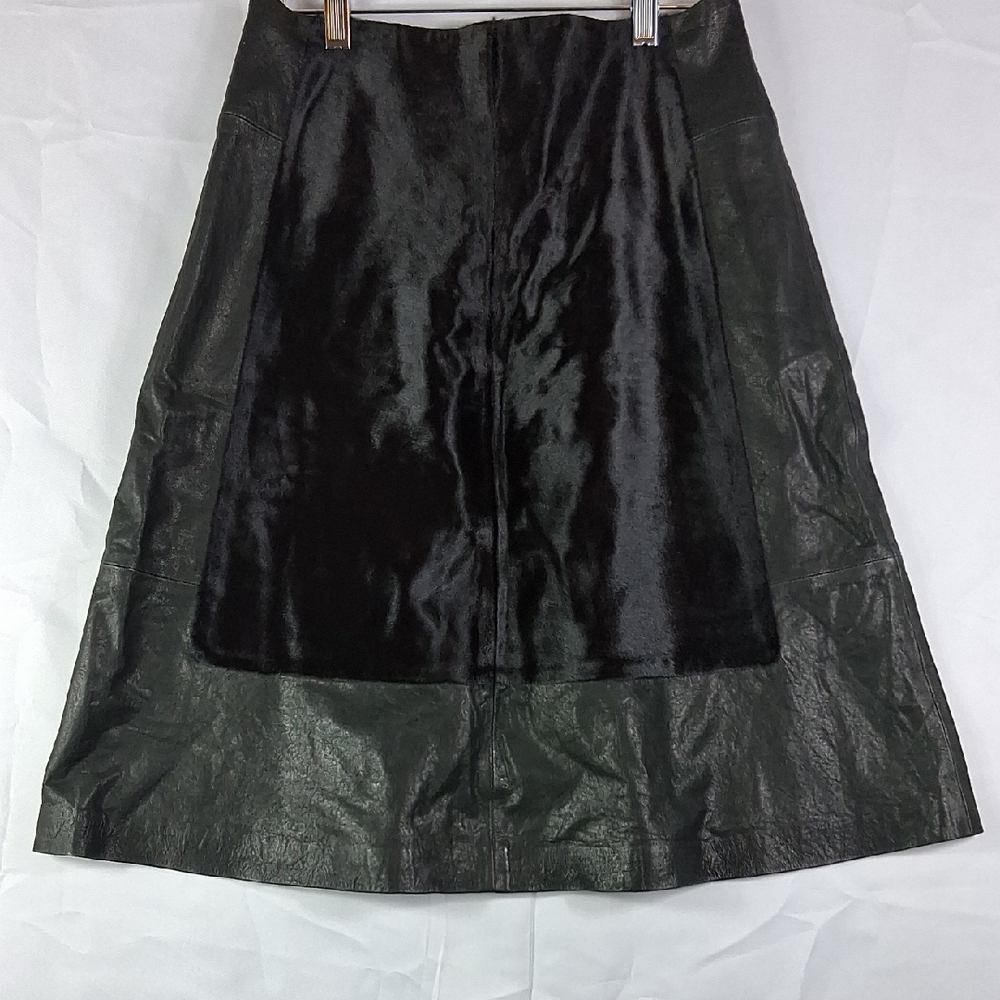 Club Monaco Lamb Leather/Calf Fur Black Leather A-Line Skirt